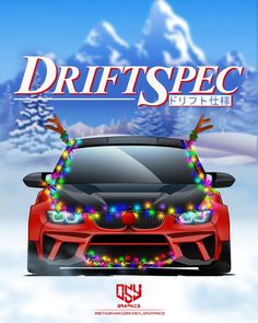 a red car with christmas lights on it's hood and the words driftspec