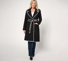 Bundle up, beautifully. This belted double-knit coat from BEAUTIFUL by Lawrence Zarian is the timeless, tailored outerwear revamp your closet's been craving -- made extra luxurious with contrast blanket stitching and a full lining. Its clean lines get you out of the puffer zone, layering elegantly over fall's blouses and denim, winter's sweaters, and dresses for all seasons and celebrations. Brushed double knit is a fine-quality, mid-weight fabrication that's versatile enough to wear throughout Fall Blouse, Knitted Coat, Winter Sweaters, Complete Outfits, Double Knitting, Winter Wardrobe, Black Coat, Vest Jacket, Coats Jackets