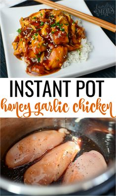 instant pot honey garlic chicken in a pan with rice and chopsticks on the side