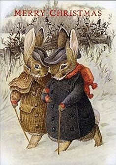 two rabbits dressed in coats and hats are walking through the snow