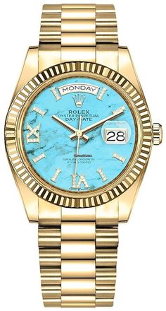 Rolex Day-Date 36 Listing: $57,551 Rolex Yellow Gold Day-Date 36 - Fluted Bezel Turquoise Dial..., Reference number 128238; Yellow gold; Automatic; Condition New; Year 2021; Watch with original Rolex Turquoise, Gold Rolex Women, Rolex Prices, Rolex Watches Women, Rolex Women, Rolex Date, Gold Rolex, Gold Watches Women, Chronograph Watch Men