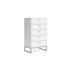 a white chest of drawers with gold handles on each drawer and two legs, against a white background