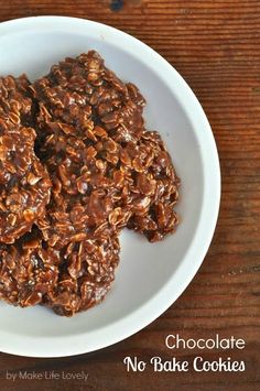 chocolate no bake cookies on a white plate sitting on a wooden table with text overlay