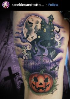 Halloween Cover Up Tattoos, Halloween Scene Tattoo, Rain Tattoos, Desert Tattoos, Halloween Themed Tattoos, Cauldron Tattoo, Tattoos Ocean, Tattoos Beach, Haunted House Tattoo