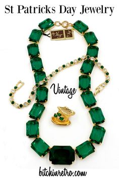 Beautiful emerald green jewelry collection includes: Avon leprechaun's top hat pin, vintage Hugo rhinestone necklace with original tags, and rhinestone tennis bracelet.  #vintage #vintagejewelry #jewelry #green #stpatricksday #leprechaun #bitchinretro Minimal Jewelry Necklace, Jewel Tone Earrings, Emerald Green Jewelry, Retro Style Fashion, Mothers Day Sale, Vintage Rhinestone Necklace, Leprechaun Hats