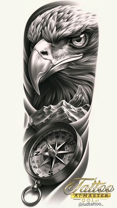 an eagle with a compass tattoo on it's arm is shown in black and white