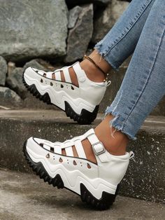 Women Cut Out Buckle Decor Wedge Sneakers, Sporty Outdoor Wedge Sneakers | SHEIN USA Summer Leather Wedge Sneakers With Round Toe, Trendy White Chunky Platform Wedge Sandals, White Wedge Sneakers For Summer, White Casual Chunky Platform Wedge Sandals, White Chunky Platform Casual Wedge Sandals, White Wedge Heel Sneakers For Summer, White Chunky Platform Wedge Sandals, Spring Chunky Platform Wedge Sneakers, Trendy White Platform Sneakers With Wedge Heel