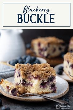 blueberry buckle crumb cake on a plate with a fork next to it