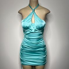 Oh Polly Us Size 6 Teal Satin Ruched Body-Con Mini Dress Woth Underwire Top Nwt Fitted Evening Dress With Drawstring, Elegant Fitted Dress With Drawstring, Blue Satin Mini Dress With Ruched Detail, Spring Halter Neck Dress With Ruched Sides, Blue Fitted Dress With Gathered Neckline, Fitted Blue Dress With Gathered Neckline, Elegant Blue Mini Dress With Ruched Sides, Blue Party Dress With Ruched Sides, Blue Dress With Ruched Sides For Party