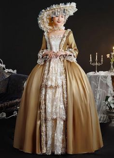 2024 New Historical Victorian Inspired Masquerade Ball Dress Brown Marie Antoinette Costume Vintage Dresses For Banquet, Elegant Gold Dress For Costume Party, Beige Fitted Dress For Costume, Elegant Beige Costume Dress, Gold Long Sleeve Fancy Dress, Gold Long Sleeve Dress For Fancy Occasion, Regency Style Long Sleeve Dress For Costume Party, Rococo Long Sleeve Costume Dress, Rococo Style Long Sleeve Costume Dress