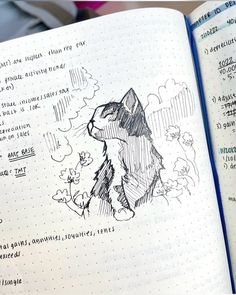 an open notebook with a drawing of a cat