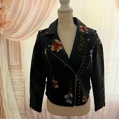 Super Cute Nwot Faux Leather Black Women’s Biker Jacket With Embroidery And Metal Accents. Size L, But Runs Small. Fits More Like A M. Embroidered Leather Jacket For Fall, Embroidered Winter Biker Jacket With Long Sleeves, Casual Embroidered Winter Biker Jacket, Winter Leather Jacket With Floral Embroidery And Long Sleeves, Embroidered Biker Jacket With Long Sleeves For Winter, Embroidered Long Sleeve Biker Jacket For Winter, Embroidered Long Sleeve Biker Jacket For Fall, Winter Embroidered Long Sleeve Biker Jacket, Long Sleeve Leather Jacket With Floral Embroidery For Winter