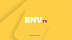 the logo for env tv is shown in white and purple on a yellow background