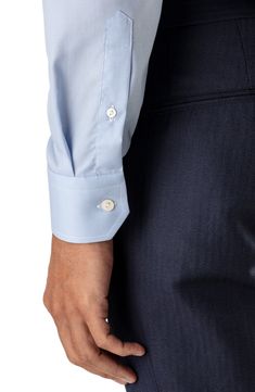 A textured, spread-collar dress shirt is cut from crease-resistant cotton for a slim, modern fit. Permanent collar stays. French placket. Adjustable-button cuffs. Back yoke. 100% cotton. Machine wash, line dry. By Eton; imported. Men's Furnishings. Classic Business Shirt With Cuffed Sleeves, Classic Formal Dress Shirt With Cuffed Sleeves, Blue Dress Shirt With Placket For Work, Formal Shirt With Cuffed Sleeves And Fold Down Collar, Semi-formal Blue Dress Shirt With Button Cuffs, Blue Business Dress Shirt With Button Cuffs, Modern Business Dress Shirt With Button Closure, Blue Dress Shirt With Button Cuffs For Business, Blue Business Shirt With Concealed Placket