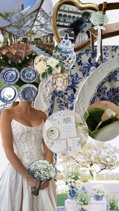 a collage of blue and white plates, flowers, and other things in the background