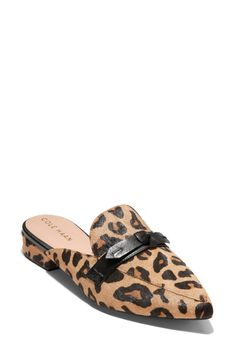 A dainty bow adds a dose of sweetness to a refined mule elongated by a pointy toe. 1" heel Leather upper/synthetic lining/rubber sole Imported Elegant Slip-on Mules With Bow, Elegant Bow Slip-on Mules, Fall Leopard Print Slip-on Loafers, Luxury Leopard Print Pointed Toe Heels, Bow Mules, Leopard Print Closed Toe Heels With 4-inch Heel, Chic Leopard Print Heels With 4-inch Heel, Leopard Print Heels With 4-inch Pointed Toe, Mules Shoes