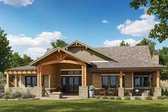 this is an artist's rendering of a house in the country style with stone and wood accents