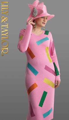 Introducing the Lily and Taylor 627-ROSE Knit Church Dress, a garment that exudes charm and sophistication. This beautifully crafted dress is made from a soft knit fabric that ensures a perfect blend of comfort and style. The tailored fit flatters the figure, making it a great choice for those special events where you want to look and feel your best. The design is highlighted by an array of dazzling sequin embellishments in vibrant colors, each catching the light to create a subtle yet striking Elegant Pink Sweater Dress For Party, Pink Fitted Knit Sweater Dress, Elegant Pink Stretch Sweater Dress, Elegant Pink Knee-length Sweater Dress, Elegant Knee-length Pink Sweater Dress, Pink Sweater Dress For Winter Party, Pink Fitted Knit Dress, Pink Fitted Midi Sweater Dress, Pink Knee-length Sweater Dress