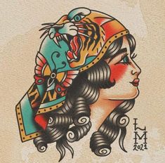 a drawing of a woman with a tiger on her head