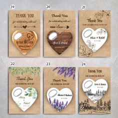 wedding thank you cards with heart shaped magnets on the front and back of each card