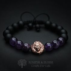 "top jewelry gifts for men and women, gifts for boyfriend, unique gifts ideas Lion Bracelet Lion King Lion Head Bracelet Men's Bracelet Beaded Bracelet, Women's Bracelet This handmade bracelet is made with 8mm Matte Onyx and Amethyst beads, featuring a Rose Gold Plated 925 Silver Lion charm . It's adjustable, utilizing a sliding knot made with macrame cord and is easy to put on and take off by yourself. Please choose one of the 2 size options (For Men or Women) from dropdown menu. Men`s Size : 7 Lion Head Bracelet, Lion Bracelet, Lion Charm, King Lion, Womens Bracelet, Geek Jewelry, Rose Gold Charms, Gift Bracelet, Artisan Bracelets