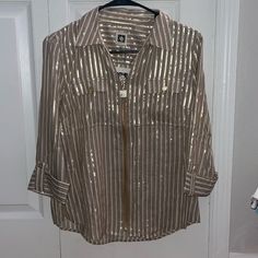 Brand New, Never Worn !! Mauve, Gold, And White Stripe 3/4 Sleeve Length Loose Fit Lightweight Material Collar Good Accessory Detail Trendy Gold Blouse For Spring, Anne Klein, White Stripe, Zip Ups, Loose Fitting, Womens Tops, Sleeve Length, Brand New, Collar