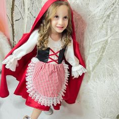 Little Red Riding Hood Outfit, Red Riding Hood Outfit, Red Riding Hood Birthday, Riding Dress, Excited Girl, Hood Dress, Riding Hood Costume, Gingham Apron, Red Cloak