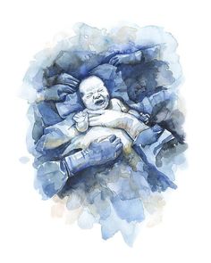 a watercolor painting of a baby wrapped in a blanket with his head on the pillow