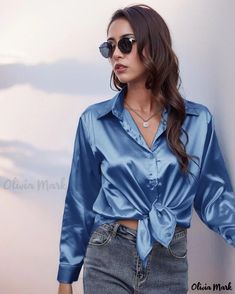 OliviaMark - Elegant Autumn Long Sleeve Shirt crafted in Luxurious Faux-Silk Satin Collared Satin Tops, Collared Satin Top In Solid Color, Blue Long Sleeve Satin Top, Blue Satin Long Sleeve Top, Casual Satin Collared Blouse, Blue Long Sleeve Silk Top, Casual Satin Blouse With Collar, Blue Satin Party Blouse, Blue Silk Long Sleeve Top