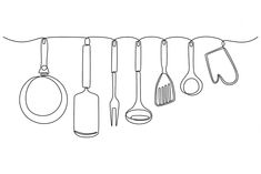 a line drawing of kitchen utensils hanging on a string with one pan and two spatulas