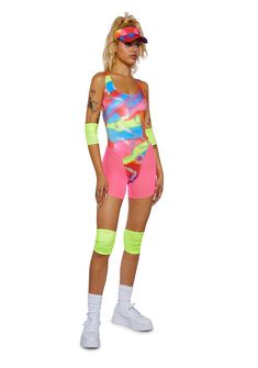 cuz roll into the real world. This costume set includes a bodysuit that has an all over swirl graphic, a matching visor, contrast colored mesh biker shorts, neon elbow and knee bands, and plastic hoop earrings. Womans Halloween Costume, Mesh Biker Shorts, Plastic Hoop, Free Skiing, Free Socks, Rave Festival, Doll Costume, Ski Mask, Rave Wear