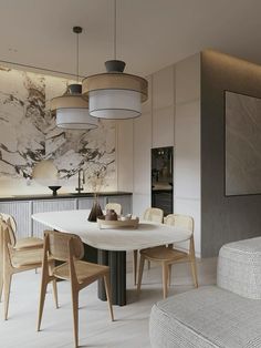 an elegant dining room with marble walls and flooring is pictured in this image, there are several chairs around the table