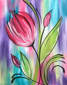 an acrylic painting of pink tulips with green leaves on a multicolored background