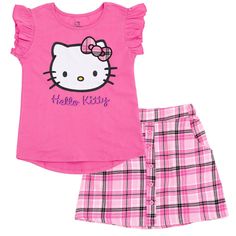 Your Hello Kitty fan is ready for a fun day with her favorite cartoon cat! This fashionable pink set includes a plaid button down skirt with cute Hello Kitty buttons and a flutter sleeve shirt featuring cool Hello Kitty artwork with a 3D pink plaid bow and the words "Hello Kitty" in pretty script lettering. Soft and stylish, this Hello Kitty outfit is made of 100% cotton so your kid stays comfortable all day long! Cool Hello Kitty, Hello Kitty Tank Top, Hello Kitty Outfit, Tank Top And Skirt, Kitty Outfit, Girls Tank Top, Kitty Clothes, Girls Tulle Dress, Hello Kitty Clothes