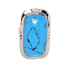 You would never know that the stone in this ring is not a genuine turquoise it looks so much like the real thing. It even has the weight and feel of a genuine stone. Center stone is 1 and 1/8 inch from top to bottom and sits about 3/8 inch off your finger. It is set in highly polished rhodium plated brass. Although it Turquoise Statement Ring, Pave Diamond Earrings, Statement Ring Silver, Turquoise Rings, Amethyst Necklace, Genuine Turquoise, Ring Collections, Cleaning Jewelry