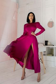 Silk Dress Wedding Guest, Deep Pink Dress, Fuchsia Dress Outfit, Silk Dress Wedding, Dark Fuschia, Cocktail Dress Long, Fuschia Dress, Vestidos Color Rosa, Long Sleeves Dress