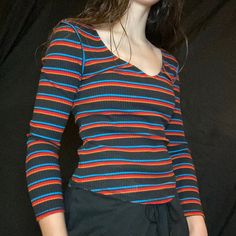 Red Orange And Blue Stripes Vertical Seem Down Middle Of Shirt Flattering Neck Line Never Worn Retro Striped V-neck Top, Retro Black Long Sleeve Tops, Casual Multicolor Stretch Shirt, Casual Stretch Multicolor Shirt, Retro Black Long Sleeve Shirt, 80's Clothes, Bts Clothes, Free People Shirt, 80s Outfit