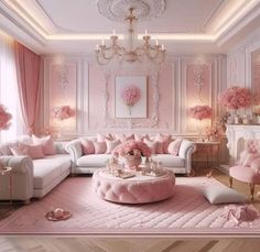 a living room with pink and white furniture