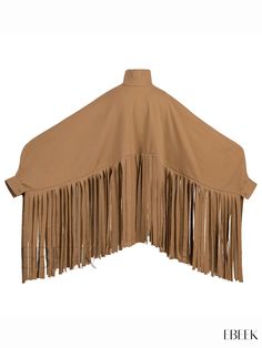 Ebeek - Womens Tassel Cape Coat: Chic Solid Long Sleeve Outerwear Oversized Long Sleeve Fringe Outerwear, Brown Fringe Poncho For Fall, Brown Fringed Poncho For Fall, Oversized Long Sleeve Outerwear With Tassels, Oversized Tasseled Outerwear With Long Sleeves, Long Sleeve Fringe Poncho For Fall, Fringe Long Sleeve Poncho For Fall, Fringed Long Sleeve Poncho For Fall, Oversized Tassel Outerwear For Fall