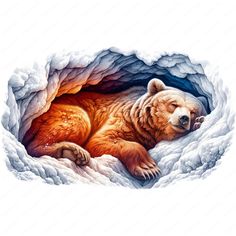 a painting of a brown bear laying down in a cave with his head out and eyes closed