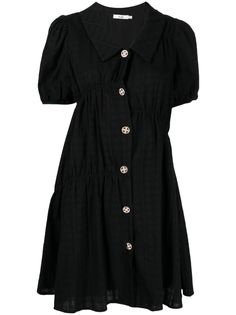 black cotton empire line V-neck classic collar short puff sleeves front button fastening above-knee length Cotton Dress Summer, Detailed Design, Birthday Outfit, Cotton Dress, Puff Sleeves, Cotton Dresses, Size Clothing, Day Dresses, Black Cotton