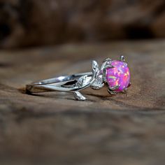 Silver Leaf Branch Rose Pink Opal Ring Adjustable Pink Opal Ring As A Gift, Pink Sterling Silver Opal Ring For Anniversary, Pink Opal Ring In Sterling Silver For Anniversary, Elegant Pink Opal Sterling Silver Ring, Elegant Pink Opal Ring In Sterling Silver, Pink Opal Sterling Silver Ring Gift, Pink Opal Ring In Sterling Silver For Gift, Adjustable Pink Opal Ring, Adjustable Pink Round Opal Ring