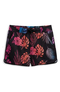 A '90s-inspired lace-up closure and dolphin hem bring some extra fun to these stretchy, high waist board shorts featuring built-in sun protection for the win. 2 1/2" inseam Zip fly with snap closure; lace-up closure Front slant pockets; back patch pocket with drainage grommet UPF 50+ sun protection 92% recycled polyester, 8% spandex Machine wash, tumble dry Imported Trendy Swimwear With Built-in Shorts For Vacation, Casual High-waisted Shorts Swimwear For Poolside, Tropical Spring Swimwear With Built-in Shorts, Tropical Print Swim Shorts, Tropical Short Bottoms For Vacation, Tropical Print Swimming Shorts For Beach Season, Beach Season Tropical Print Swim Shorts, Poolside Tropical Print Shorts, Bottoms With Built-in Shorts For Surfing Vacation