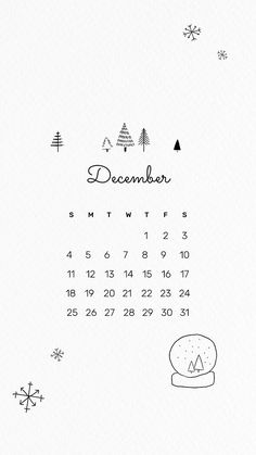 a calendar with the word december written in black and white on it, surrounded by snowflakes