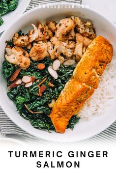 a white bowl filled with salmon, rice and spinach on top of a table