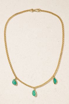 Pippa Small's 'Together Forever' collection is inspired by the rich gold history in Colombia. Specifically, the hand-panning women did to support their families and how some of the most beautiful emeralds can be found in its riverways. This 'Sofia' necklace is handcrafted from 18-karat gold and strung with a trio of the vibrant gemstones in their natural, organic shapes. Luxury Yellow Gold Plated Emerald Necklace, Luxury Yellow Gold-plated Emerald Necklace, Gold Emerald Jewelry With Engraving, Gold Emerald Necklace Fine Jewelry, Gold Engraved Emerald Jewelry, Formal Gold Sterling Silver Emerald Necklace, Engraved Gold Emerald Jewelry, Gold Emerald Necklace With Adjustable Chain For Formal Occasions, Engraved Emerald Gold Jewelry