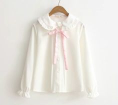 Collar Rosa, White Chiffon Blouse, Chiffon Shirt Blouse, White Ruffle Blouse, Japan Kawaii, Style Kawaii, White Shirt Blouse, Doll Collar, White Long Sleeve Blouse