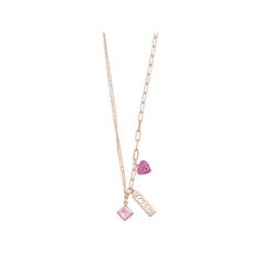 Share the love with this darling 18k rose gold plated charm necklace, featuring a pink cubic zirconia-studded heart, a "love" charm, and a pretty light pink cubic zirconia rhombus on a mixed cable and paperclip chain. Share the love with this darling 18k rose gold plated charm necklace, featuring a pink cubic zirconia-studded heart, a "love" charm, and a pretty light pink cubic zirconia rhombus on a mixed cable and paperclip chain.Click on this JEWELRY & WATCHES GUIDE to learn about fit, styles, Personalized Pink Charm Necklace For Personalized Gift, Pink Personalized Charm Necklace For Valentine's Day, Rose Gold Charm Necklace For Valentine's Day, Rose Gold Stainless Steel Charm Necklace For Valentine's Day, Customizable Rose Gold Charm Necklace For Valentine's Day, Pretty Lights, Love Charms, Pink Tone, Share The Love