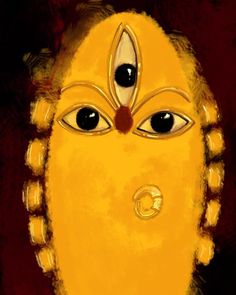 an artistic painting of a yellow mask with black eyes