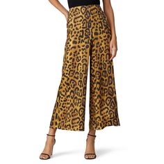 Leopard printed twill (100% Polyester). Pants. Hidden side zipper closure. Hook-and-eye closure. 26" inseam. 13" front rise. Imported. Chic Printed Ankle-length Wide Leg Pants, Chic Ankle-length Printed Wide Leg Pants, Leopard Print Wide Leg Bottoms With Pockets, Wide Leg Leopard Print Bottoms With Pockets, Chic Leopard Print Straight Leg Bottoms, Chic Wide-leg Printed Pants, Chic Printed Ankle-length Pants, Trendy Printed Wide-leg Pants, Chic High-waisted Printed Pants